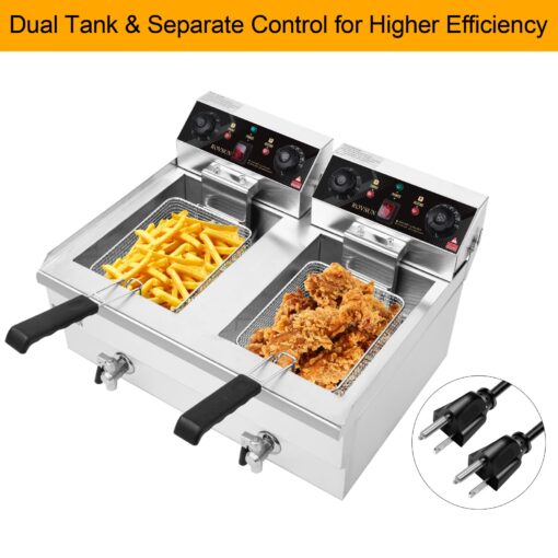 ROVSUN 24.9QT Electric Deep Fryer w/Frying Baskets Timer Drains & Lids, 3400W Dual Tank Kitchen Countertop Commercial Deep Fryer Frying Machine, Adjustable Temperature for Home Restaurant - Image 7