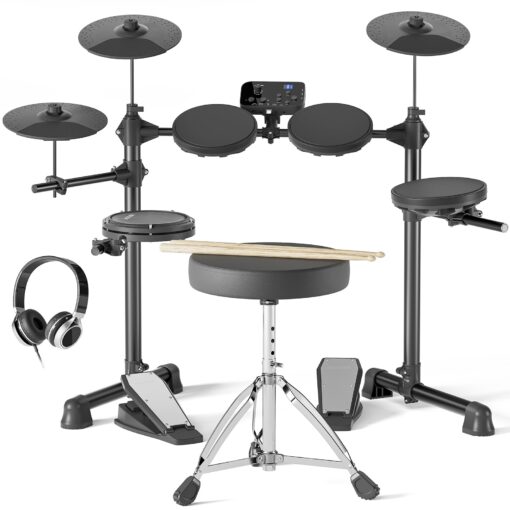AODSK Electronic Drum Set for Beginner Kids with 150 Sounds,4 Quiet Drum Pads,2 Switch Pedal,Drum Throne,Drumsticks,On-Ear Headphone,AED-400