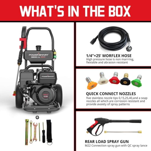 PowerSmart 3800 PSI Gas Pressure Washer with 208cc Engine, 2.5 GPM Flow Rate, 4500W Power, Onboard Soap Tank, Metal Spray Wand, and 5-Nozzle Set for Heavy-Duty Cleaning of Decks, Driveways - Image 2