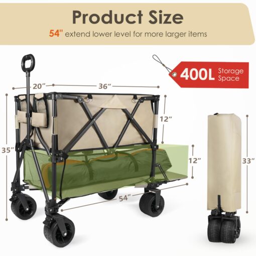 HOPERAN 400L Large Foldable Double Decker Wagon,360° Adjustable Handle 550LBS Heavy Duty Collapsible Cart with 54" Extra Extender,All Terrain Double-Locking Brack Wheels,Perfer for Beach|Camp|Outdoor - Image 9