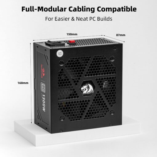 Redragon PSU018 80+ Platinum 1300 Watt ATX 3.0 Fully Modular Power Supply, 80 Plus Certified, 100% Japanese Capacitors & Low Noise Smart-ECO 0 RPM Fan, Full Mod Cables w/12VHPWR Cable, Black - Image 4
