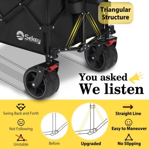 Sekey 48''L Collapsible Foldable Extended Wagon with 440lbs Weight Capacity, Heavy Duty 300L Folding Utility Garden Cart with Big All-Terrain Beach Wheels & Drink Holders. Black - Image 7