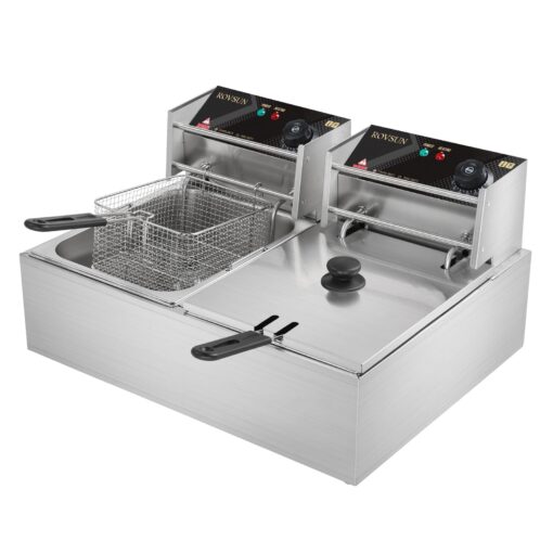 ROVSUN 22.8QT Electric Deep Fryer w/ 2 Baskets & Lids, 21.8L Stainless Steel Commercial Double Fryer, Countertop Kitchen Frying Machine w/Temperature Control, French Fries Donuts 5000W