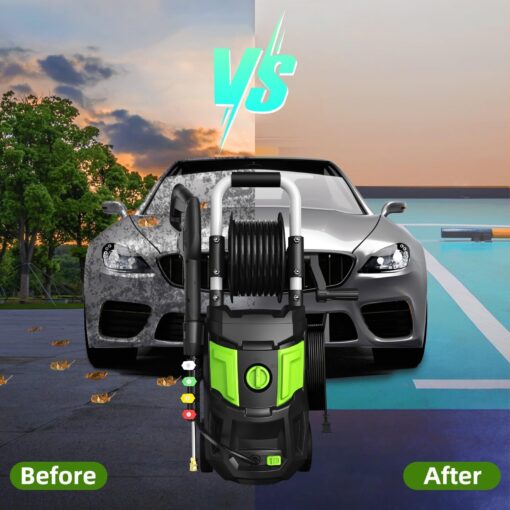 DECOKTOOL Electric Pressure Washer, 5000PSI Max 3.2 GPM Power Washer with 20FT Hose, 35FT Power Cord, 4 Nozzles, Foam Cannon & Spray Gun, High Pressure Washer for Car, Patio, Fence, Window (Green) - Image 3