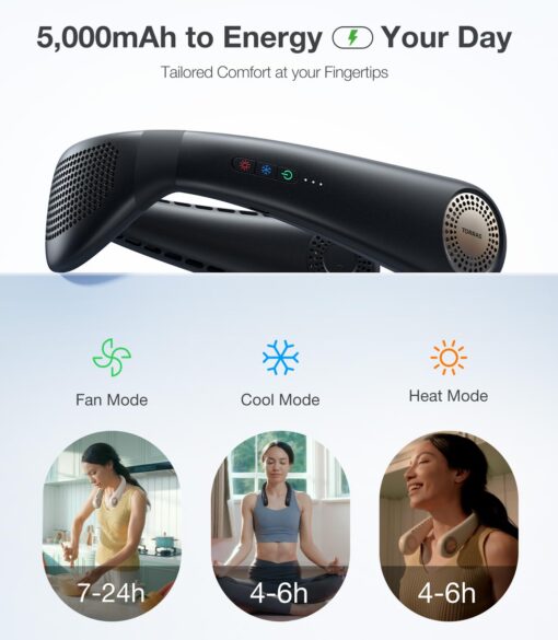 TORRAS COOLiFY Air 2025 Upgraded Neck Fan Air Conditioner, Ultra-Light Portable Fan Rechargeable, Personal Cooling Neck Device with 3 Modes Cool/Cooler/Heat for Travel, Working, Outdoor, Black - Image 4