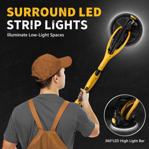Drywall Sander, 1050W Electric Drywall Sander with Vacuum Dust Collection, 2100RPM Wall Sander with 7 Variable Speed, Foldable & Extendable Handle, Double-Deck LED Light, Dust Bag and Hose - Image 4