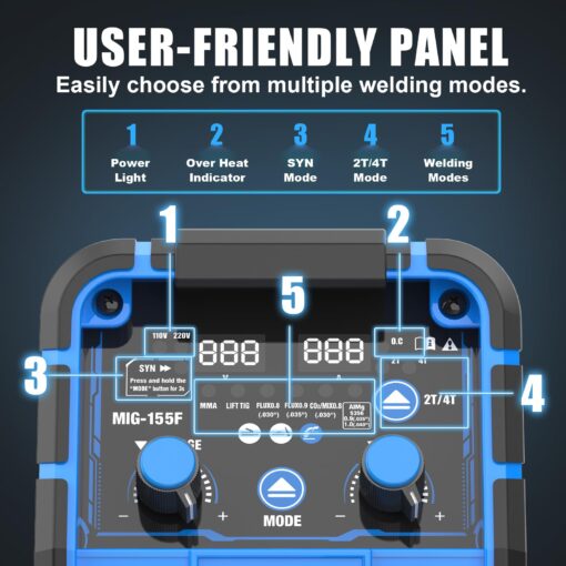 AZZUNO Aluminum MIG Welder 155Amp, Dual Vlotage 110V/220V 5-in-1 Welder Machine Gasless MIG/Gas MAG/Aluminum MIG/Stick/Lift TIG Welding, Multiprocess Welding Machine - Image 4