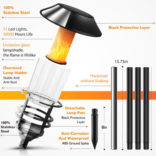 ZOOHAR Solar Outdoor Lights,Extra-Tall Solar Torches with Flickering Flame 4-Pack Waterproof Garden Lights,Stainless Steel Pathway Lighting Garden Decor, Yard Decorations Outdoor Auto On/Off - Image 5