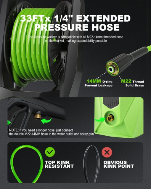 Commowner Electric Pressure Washer 4800 PSI 2.8 GPM Power Washers Electric Powered with 33ft Pressure Hose M22-14mm, 4 Nozzle and Foam Cannon, powerwashers for Home, Cars, Fences, Patio, Green - Image 6