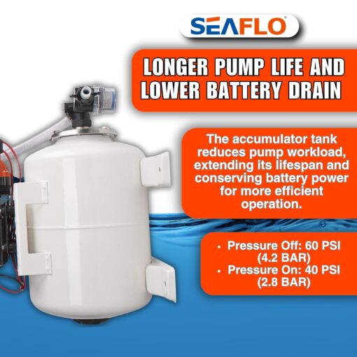 SEAFLO Marine Water Pump 12 V DC 60 PSI 5.5 GPM 2 Gallon Accumulator Tank System | Accumulator Pressure Boost System for Smooth and Quiet Operation | 4-Year Warranty - Image 5