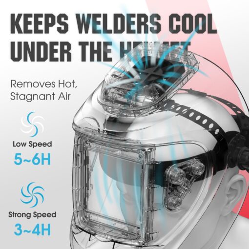 YESWELDER Auto Darkening Welding Helmet with Rechargeable Fan and Light, 3.93"X3.66"Large View 1/1/1/1 True Color 4 Arc Sensor Solar Powered Welding Hood, 3/5-9/9-13 Wide Shade Weld Mask LYG-30800H-W - Image 9