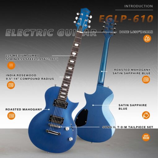 EART EGLP-610 Electric Guitar Solid-Body Electric Guitar,Custom Alnico-II Humbuckers, Satin Sapphire Blue, Satin Gunmetal Black, Satin Honey Tea - Image 7