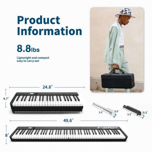 FVEREY Folding Piano Keyboard, 88 Key Semi Weighted Keyboards Electric Piano, Full Size Keyboard Portable Digital Piano with Sustain Pedal, Handbag, Bluetooth, USB MIDI for Beginner, Adult - Image 5