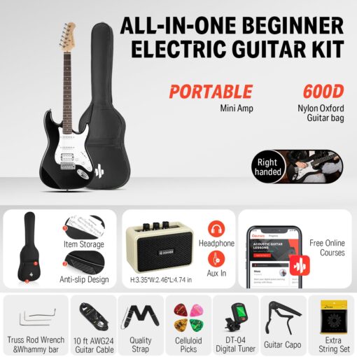 Donner DST-100B 39 Inch Electric Guitar Beginner Kit Solid Body Full Size Black HSS for Starter, with Amplifier, Bag, Digital Tuner, Capo, Strap, String,Cable, Picks - Image 6