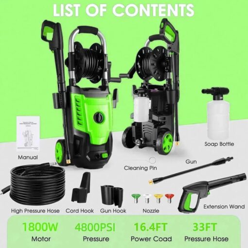 4800 PSI Electric Pressure Washer- 4.0 GPM High Power Washer with 33FT Hose Reel, 4 Spray Tips and Soap Bottle for Car Washing, Fence Cleaning, Patio Maintenance（Upgraded）(Green) - Image 2