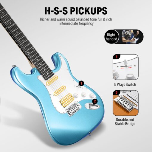 Donner DST-100T 39 Inch Electric Guitar Beginner Kit Solid Body Full Size Lake Blue HSS Pick Up for Starter, with Amplifier, Bag, Digital Tuner, Capo, Strap, String,Cable, Picks - Image 4