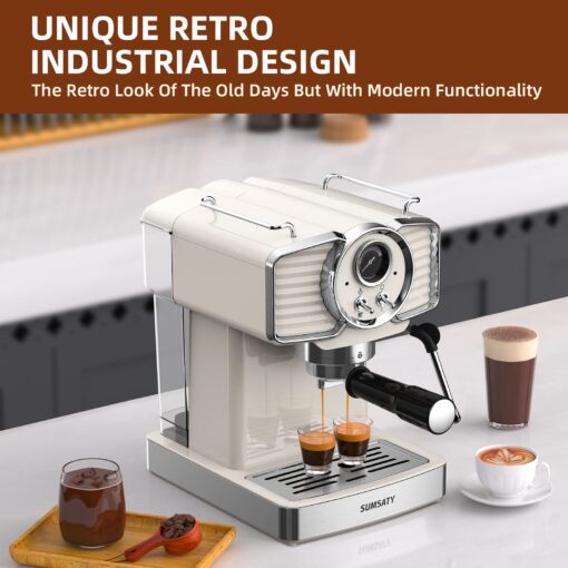 SUMSATY Espresso Machine 20 Bar, Professional Espresso Maker with Milk Frother Steamer Wand, Espresso Coffee Machine Off-white, Cappuccino & Latte Machine for Home, Retro, 1.8L Removable Water Tank - Image 9
