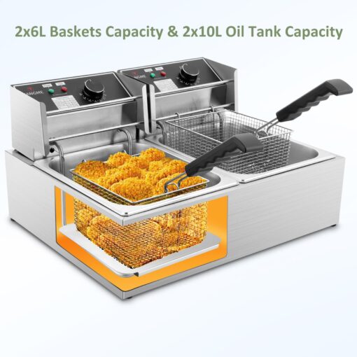 Commercial Deep Fryer, 3400W Electric Deep Fryers with 2x6.35QT Baskets 0.8mm Thickened Stainless Steel Countertop Oil Fryer 20.7QT Large Capacity with Temperature Limiter (12L) - Image 7