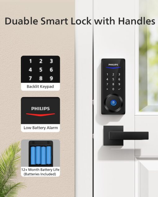 Philips Smart Lock with Handles, Keyless Entry Door Lock Set, Smart Door Lock with 2 Level Handles, Digital Keypad Deadbolt for Front Door, App Fingerprint PIN Code Unlocking, Auto Locking - Image 3