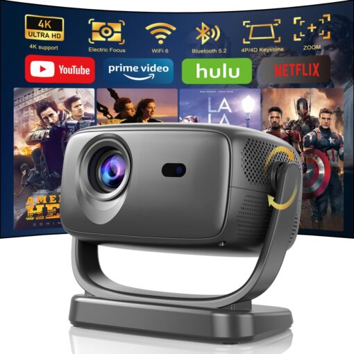 4K Smart Projector with 5G WiFi and Bluetooth 5.2, 600 ANSI Portable Projector with Built in App, 1080P Outdoor Movie Projector with 4P4D Correction, Max 220" Compatible with iPhone/Android/TV Stick