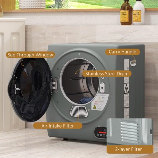 HOMCOM Portable Clothes Dryer, Compact Laundry Dryer with 1.5 cu.ft Stainless Steel Drum, Intelligent Drying, 120V 850W Front Load Electric Dryer for Apartments, Dorms, RVs - Charcoal Gray - Image 7