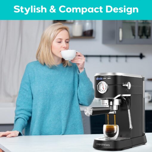 CASABREWS Espresso Machine 20 Bar, Stainless Steel Espresso Maker with Milk Frother Steam Wand, Compact Cappuccino Machine for Home, Espresso Coffee Machine with Removable Water Tank, Black - Image 3