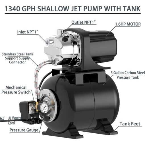 Lanchez 1.6 HP Shallow Well Pump with Pressure Tank, 1340 GPH Automatic Irrigation Water Booster Jet Pump, 115V Stainless Steel Water Transfer Pump for Home Garden Lawn Sprinkler Irrigation - Image 5