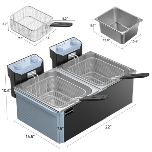 Commercial Deep Fryer w/ 2 Baskets & Lids, 21.2QT Large Electric Fryer, Double Oil Fryer for Chicken/Fish, w/Switch, Adjustable Temp, Safety Lock, Overheat Reset, 3400W for Home/Restaurant Use - Image 2