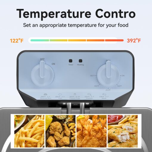 Commercial Deep Fryer w/ 2 Baskets & Lids, 21.2QT Large Electric Fryer, Double Oil Fryer for Chicken/Fish, w/Switch, Adjustable Temp, Safety Lock, Overheat Reset, 3400W for Home/Restaurant Use - Image 7