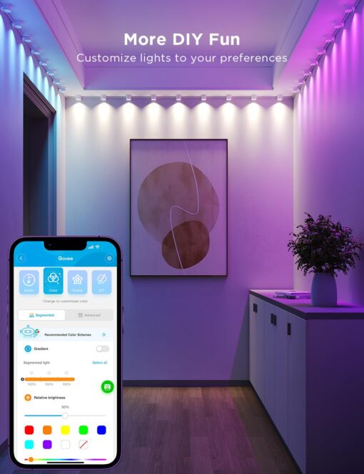 Govee RGBIC String Downlights, Smart LED String Lights Works with Alexa, Wi-Fi Color Changing Indoor Wall Light Fixture for Party, 32.8ft with 50 LEDs, Music Sync, White - Image 4