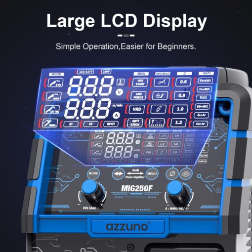 AZZUNO Aluminum 250Amp MIG Welder,6 in 1 Gas MIG/Gasless Flux Core/Stick/Lift TIG/Spot Welding/Spool Gun Compatible Welding Machine 110V/220V Large LED Display Multi Process Welder - Image 7
