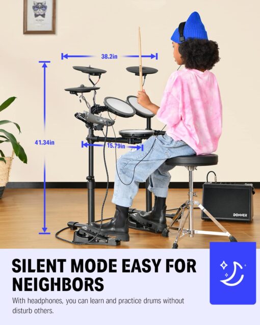 Donner DED-70 Electric Drum Set with 4 Quiet Mesh Drum Pads, 2 Switch Pedal, Portable and Solid Drum Set with Type-C Charging, 68+ Sounds, Throne, Headphones, Sticks, Melodics Lessons - Image 3