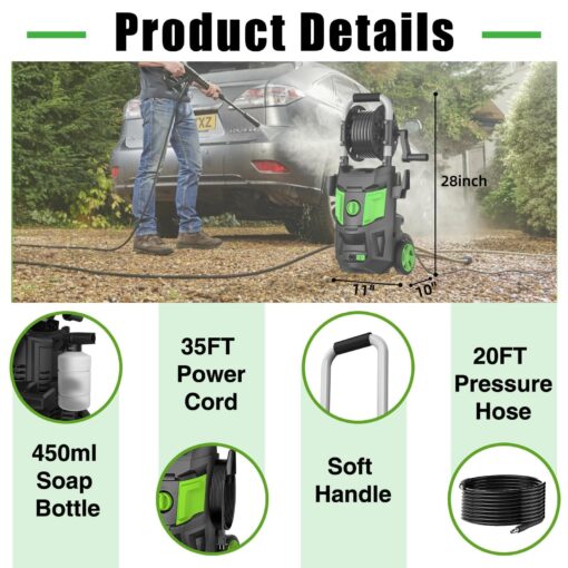 DECOKTOOL Electric Pressure Washer, 5000PSI Max 3.2 GPM Power Washer with 20FT Hose, 35FT Power Cord, 4 Nozzles, Foam Cannon & Spray Gun, High Pressure Washer for Car, Patio, Fence, Window (Green) - Image 5