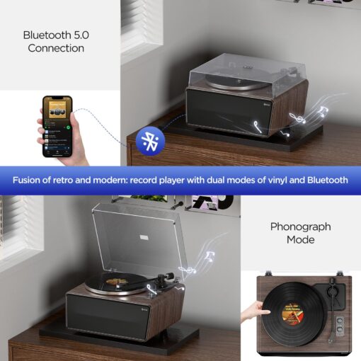 All in One Vinyl Record Player, Bluetooth Turntable with Built in 4 Stereo Speakers Phono Preamp, High Fidelity Turntables for Vinyl Records with Magnetic Cartridge AT-3600L MM, Belt Drive 2-Speed - Image 7