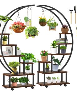 homegroove 2 pcs 6 Tier Tall Metal Plant Stand Indoor, Half Moon Shape Large Plant Shelf with Detachable Wheels, Curved Ladder Flower Pot Stand Rack for Home Patio Lawn Garden Balcony Round-Brown