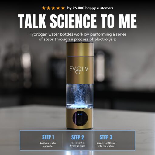 EVOLV Hydrogen Water Bottle Generator – SPE & PEM Water Ionizer 5.42PPM, Highest Concentrated Dose – 8oz Hydrogenated Water Bottle for Improved Energy & Inflammation Support - Easy to Use, Champagne - Image 6