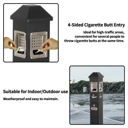 lukar Commercial Butt Receptacles Metal Butt Container Heavy Duty Ash Disposal Outdoor Vertical Trash Can for Patios Gardens Hotels Pubs Offices(Black) - Image 8