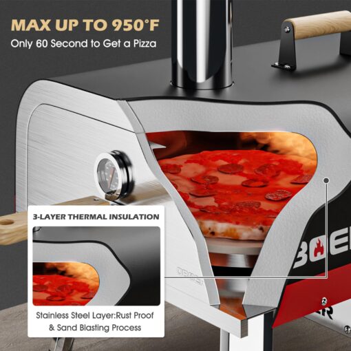 ABORON Pizza Oven,𝟏𝟑'' 𝐌𝐮𝐥𝐭𝐢-𝐅𝐮𝐞𝐥 𝐑𝐨𝐭𝐚𝐭𝐚𝐛𝐥𝐞 Outdoor Pizza Ovens, Portable Wood and Gas Pizza Oven, 3-Layer Stainless Steel Pizza Maker with Built-In Thermometer, Pizza Cutter - Image 4