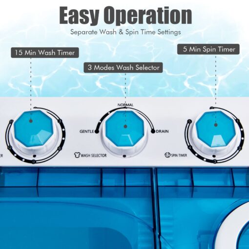 COSTWAY, Twin Tub 26lbs Capacity Laundry, 18lbs 8lbs Spinner Combo with Timer Knobs, Built-in Drain Pump, Compact Washer for Home Dorm Apartment (Blue+White) portable washing machine - Image 8