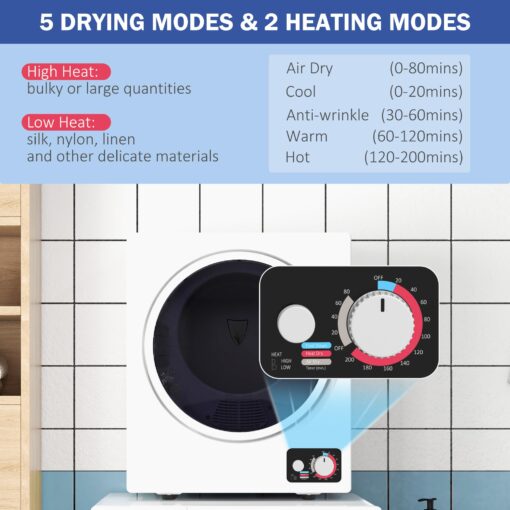HOMCOM Portable Clothes Dryer, 120V 850W Compact Laundry Dryer with 1.5 cu.ft Stainless Steel Tub and 4 Drying Modes, 9 lbs Front Load Electric Dryer for Apartments Dorms RVs, White - Image 8