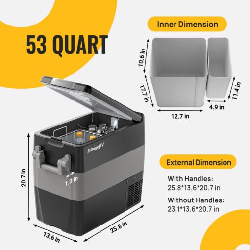 BougeRV 12V Portable Refrigerator Fridge Freezer Portable Car Fridge 53 Quart Electric Cooler12V/24V DC 110~240 V AC for RV Truck Jeep Pickup SUV Van Boat Camping Tailgating Road Trip Outdoor Travel - Image 5