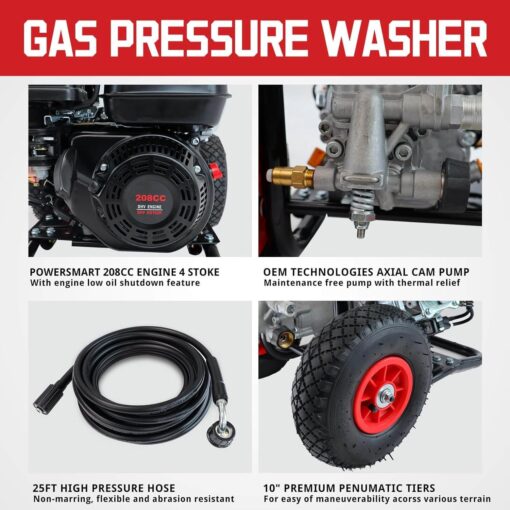 PowerSmart 3800 PSI Gas Pressure Washer with 208cc Engine, 2.5 GPM Flow Rate, 4500W Power, Onboard Soap Tank, Metal Spray Wand, and 5-Nozzle Set for Heavy-Duty Cleaning of Decks, Driveways - Image 3