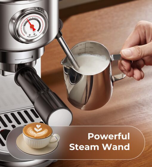atatix Espresso Machine with Milk Frother, 20 Bar High Pressure Professional Espresso Maker Automatic, Compact Stainless Steel Coffee Machine for Cappuccino, Latte, Gift for Coffee Lover, Silver - Image 5