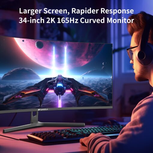 SANSUI 34-Inch Curved Gaming Monitor UWQHD 3440 x 1440 165Hz Curved 1500R - PIP/PBP, 1ms(MPRT), HDR, 300nits, sRGB 125%, DCI-P3 95%,FreeSync,HDMI x2,DP1.4 x2 (ES-G34C5 DP Cable Included) - Image 2
