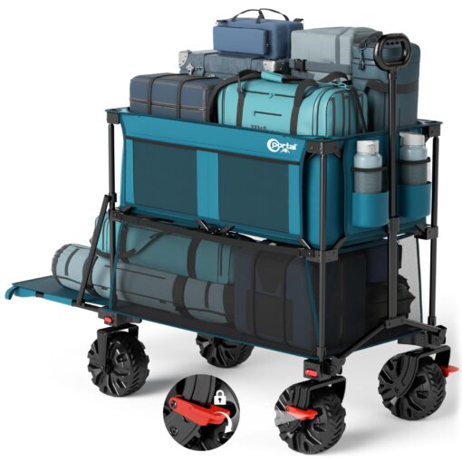 PORTAL 400L Large Capacity Collapsible Double Decker Wagon with Brakes, 450LB Heavy Duty Folding Cart with Tailgate, Foldable Utility Wagons for Camping, Beach, Garden, Sports, Shopping