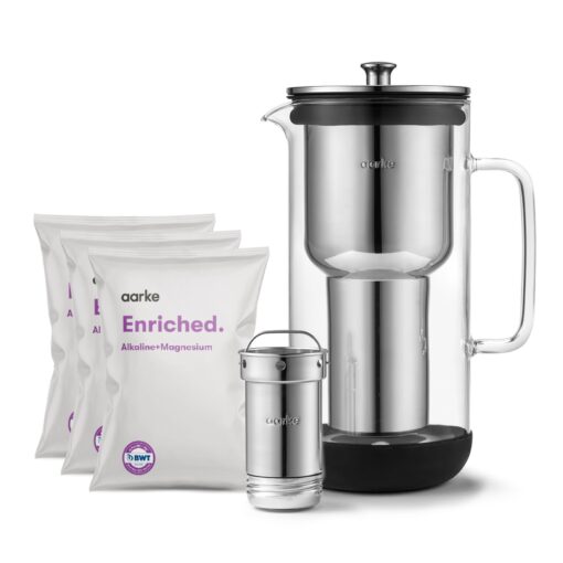 aarke Purifier Regular - 1.18 L Glass Water Filter Pitcher Bundle, Refillable Stainless Steel Filter, BPA-Free, Includes (3-Pack) Refill Enriched Granules, Reduce Heavy Metals and Adds Minerals