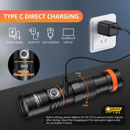 ORCATORCH DC710 Scuba Dive Light Type C Rechargeable, 3000 Lumens Super Bright Underwater Flashlight, IP68 Waterproof Submersible Torch with WS02 Wrist Strap Mount for Hands-Free Diving - Image 7