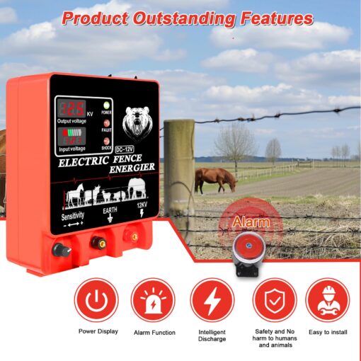 9J Electric Fence Charger Energizer, 9 Joules 400 Acres, AC DC 2 in 1 Powered Supply, Input 12V Output 12KV, with Display Alarm and Remote, Deter Predators, Contain Cattle Cow and Livestock - Image 3