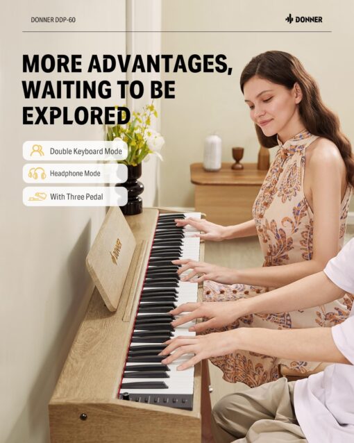 Donner DDP-60 88 Key Digital Piano: Full Size Keyboard, Sensitive Touch, 8 Reverbs, Recording, 128 Voices. Includes Three Pedal, Electric Piano Keyboard for Beginners - Image 3