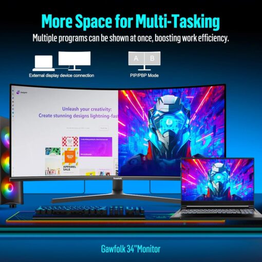 Gawfolk 34 Inch Ultrawide Curved Gaming Monitor, 1500R PC Screen 165hz UWQHD 3440x1440, Curved Computer Screen with FreeSync,Multi-Directional Adjustable Base - Image 7